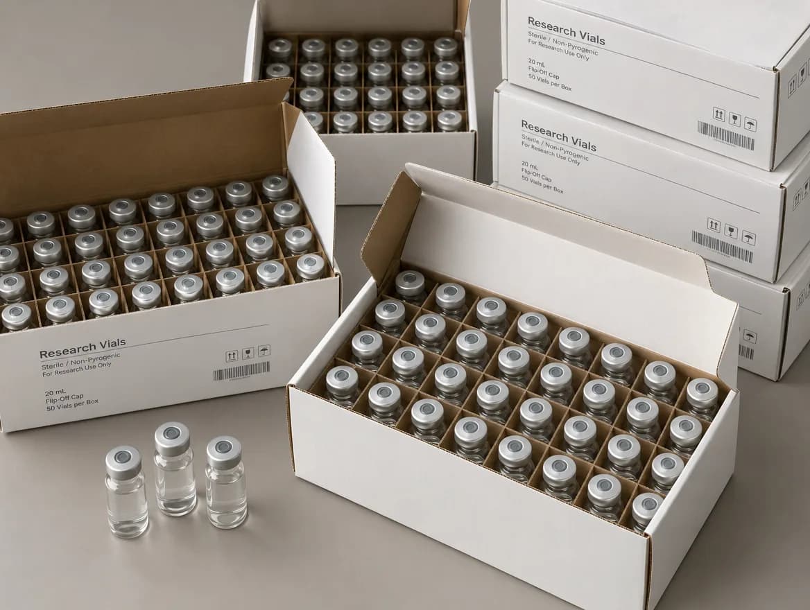 Cartons of vials packed for a bulk order